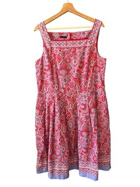 Talbots XL Cotton Sleeveless Red Pink Tile Patterned Sundress